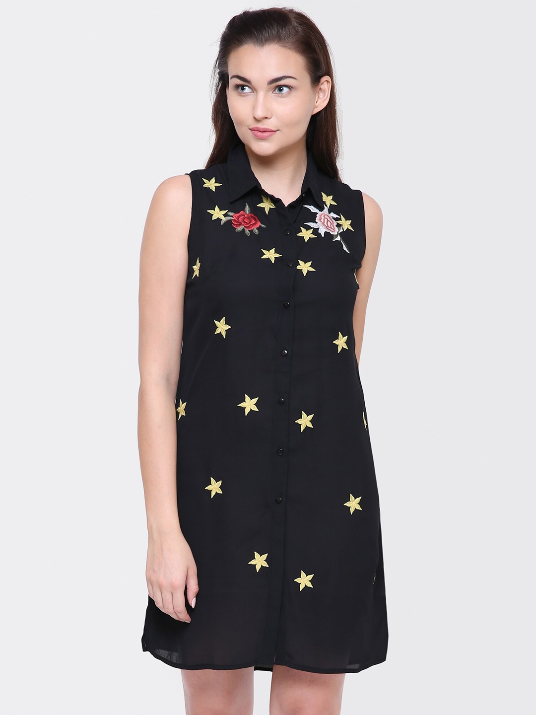 

Yaadleen Floral Embroidered Shirt Dress, Black