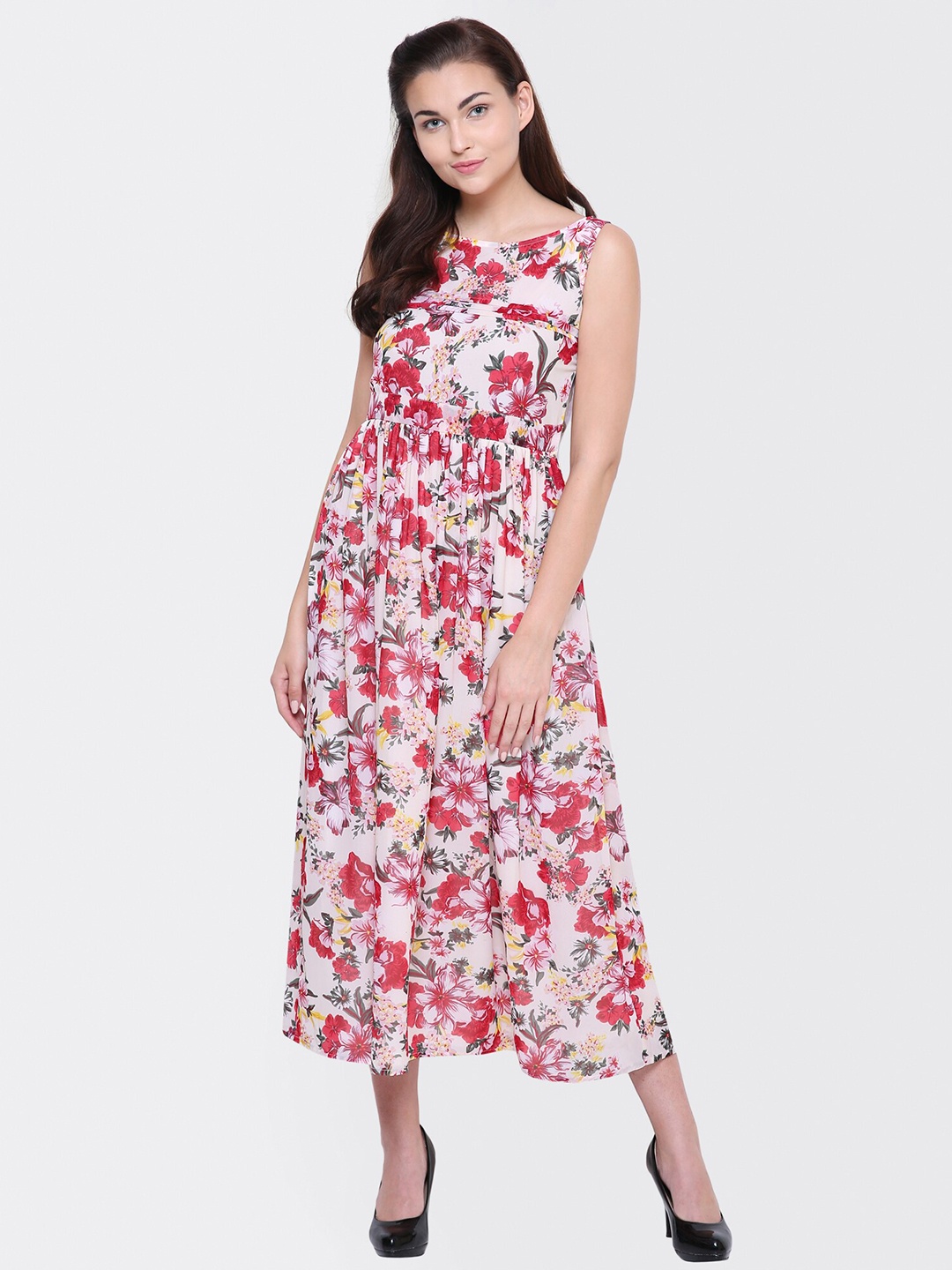 

Yaadleen Floral Printed Round Neck Fit & Flare Midi Dress, White