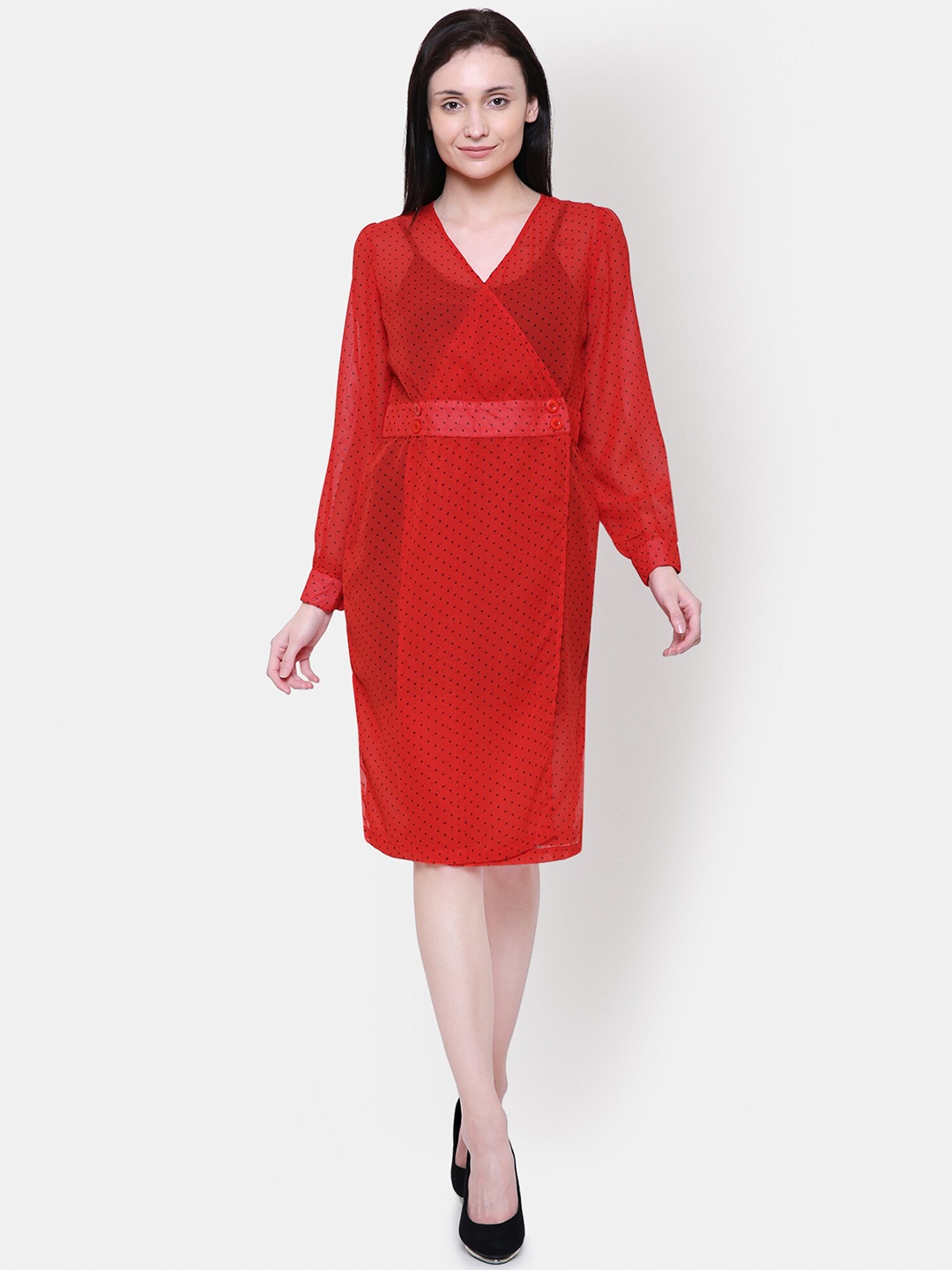 

Yaadleen V-Neck Pull Sleeves Wrap Dress, Red