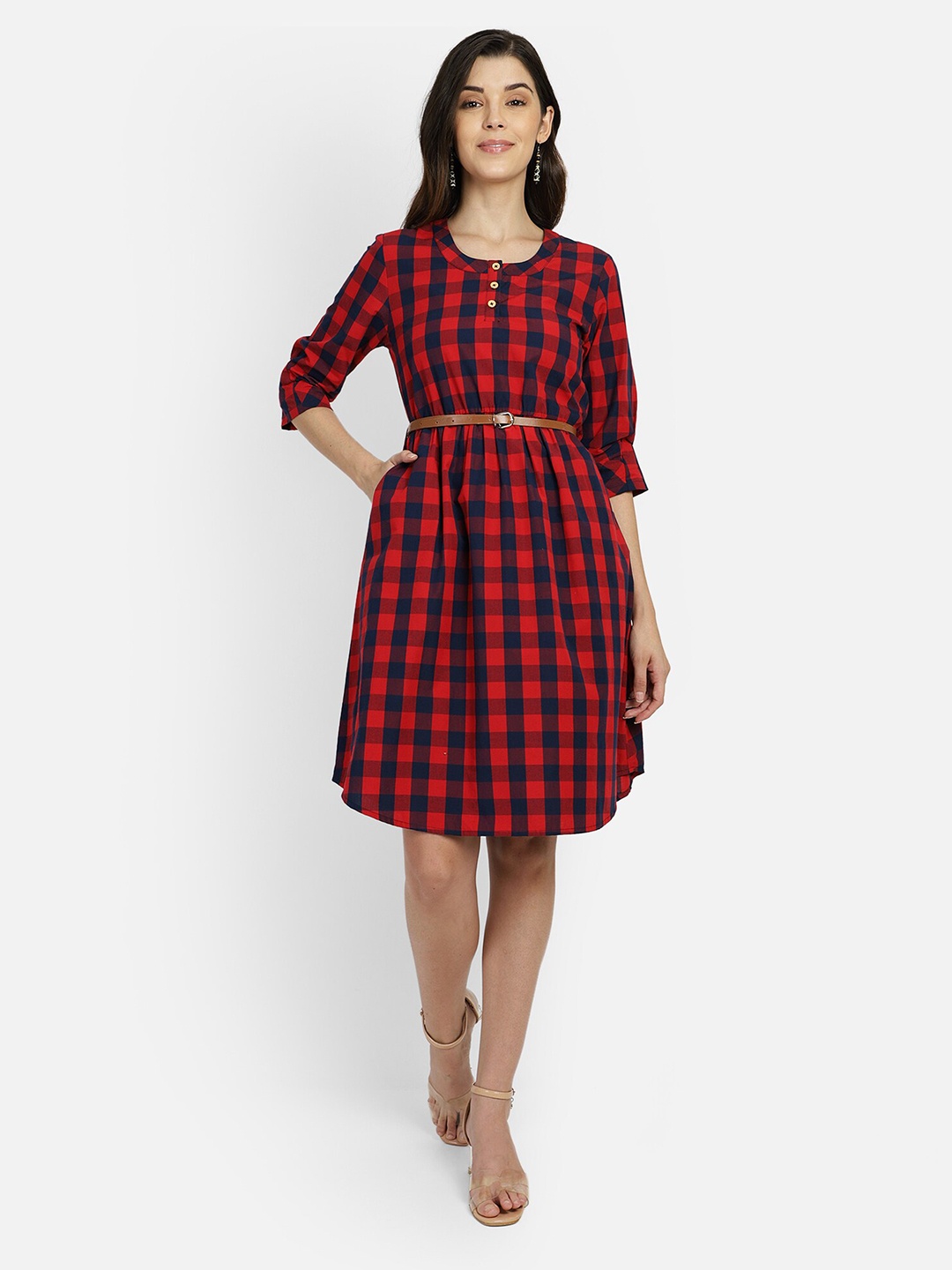 

Yaadleen Belted Checked Cotton Fit & Flare Dress, Red