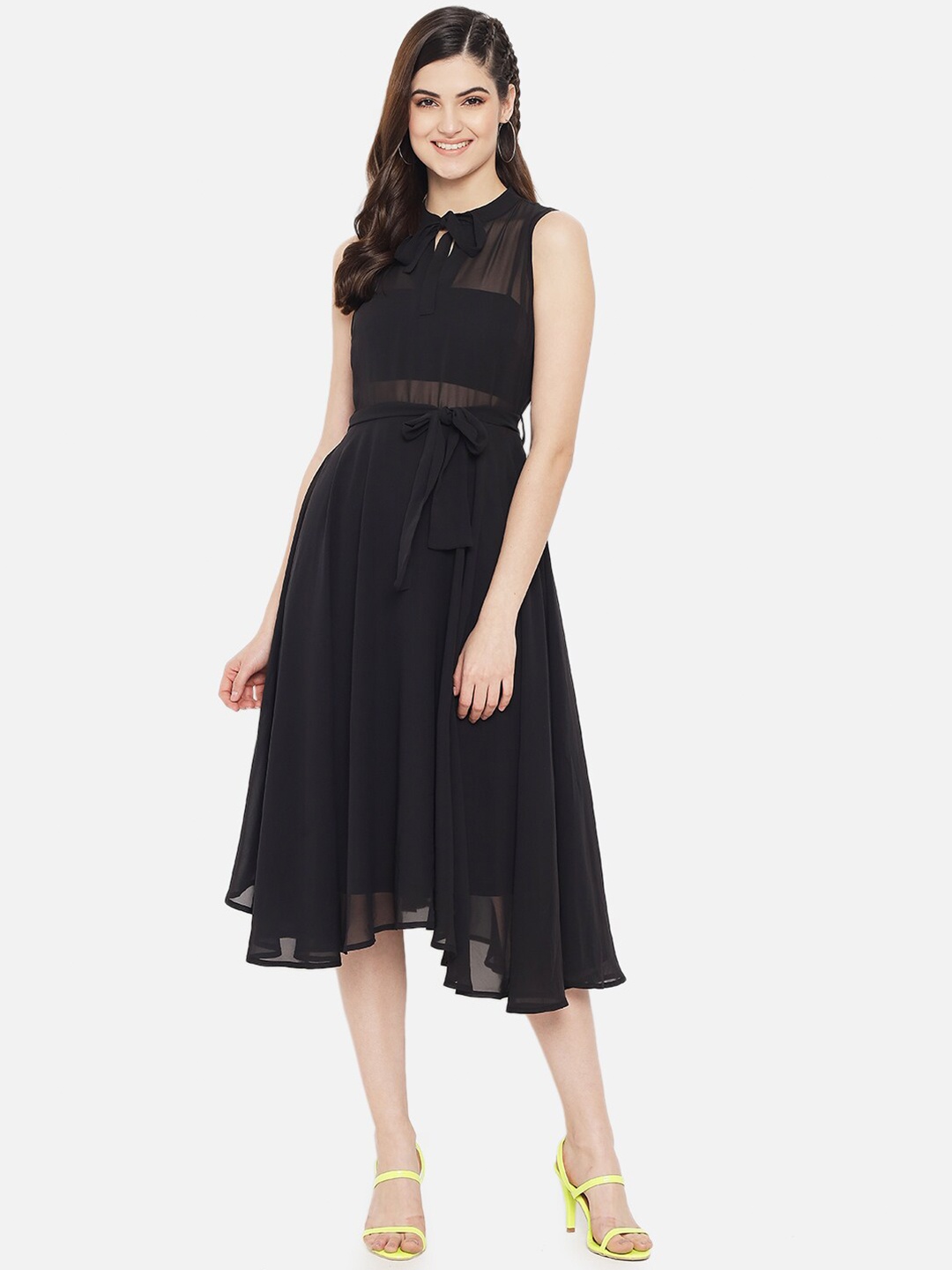 

Yaadleen Tie-Up Neck Tie-Up Midi Fit & Flare Dress, Black