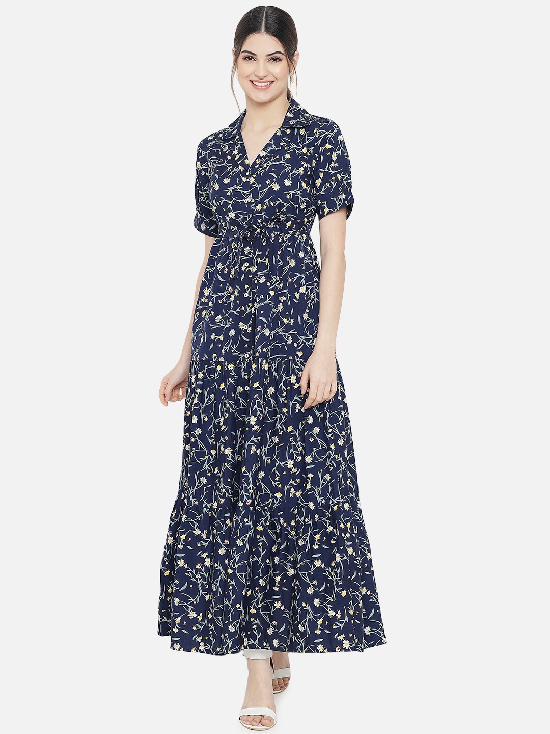 

Yaadleen Floral Printed Shirt Maxi Shirt Dress, Navy blue