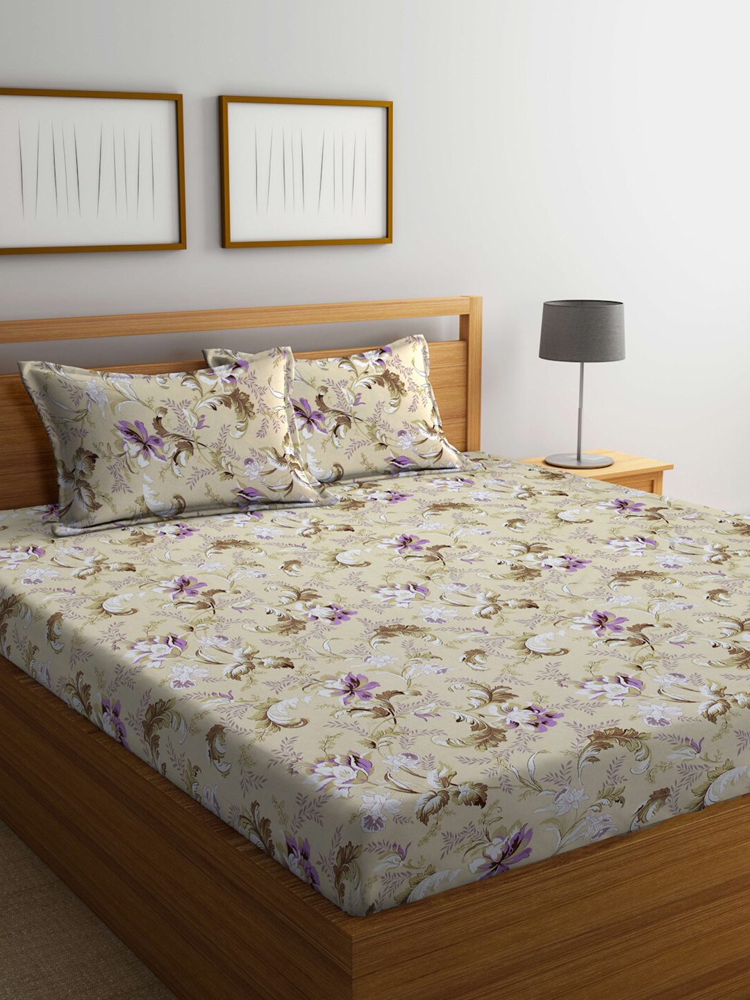 

BOMBAY DYEING Grey & Purple Floral 120 TC Cotton King Bedsheet with 2 Pillow Covers