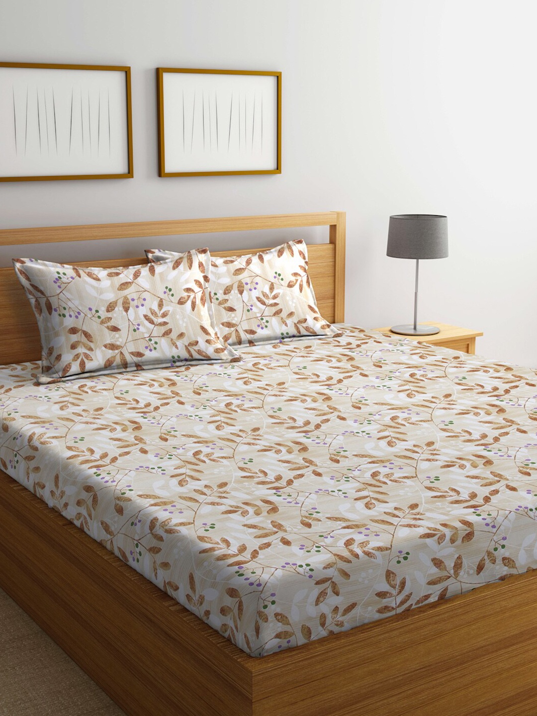 

BOMBAY DYEING Brown & White Floral 120 TC Cotton King Bedsheet with 2 Pillow Covers