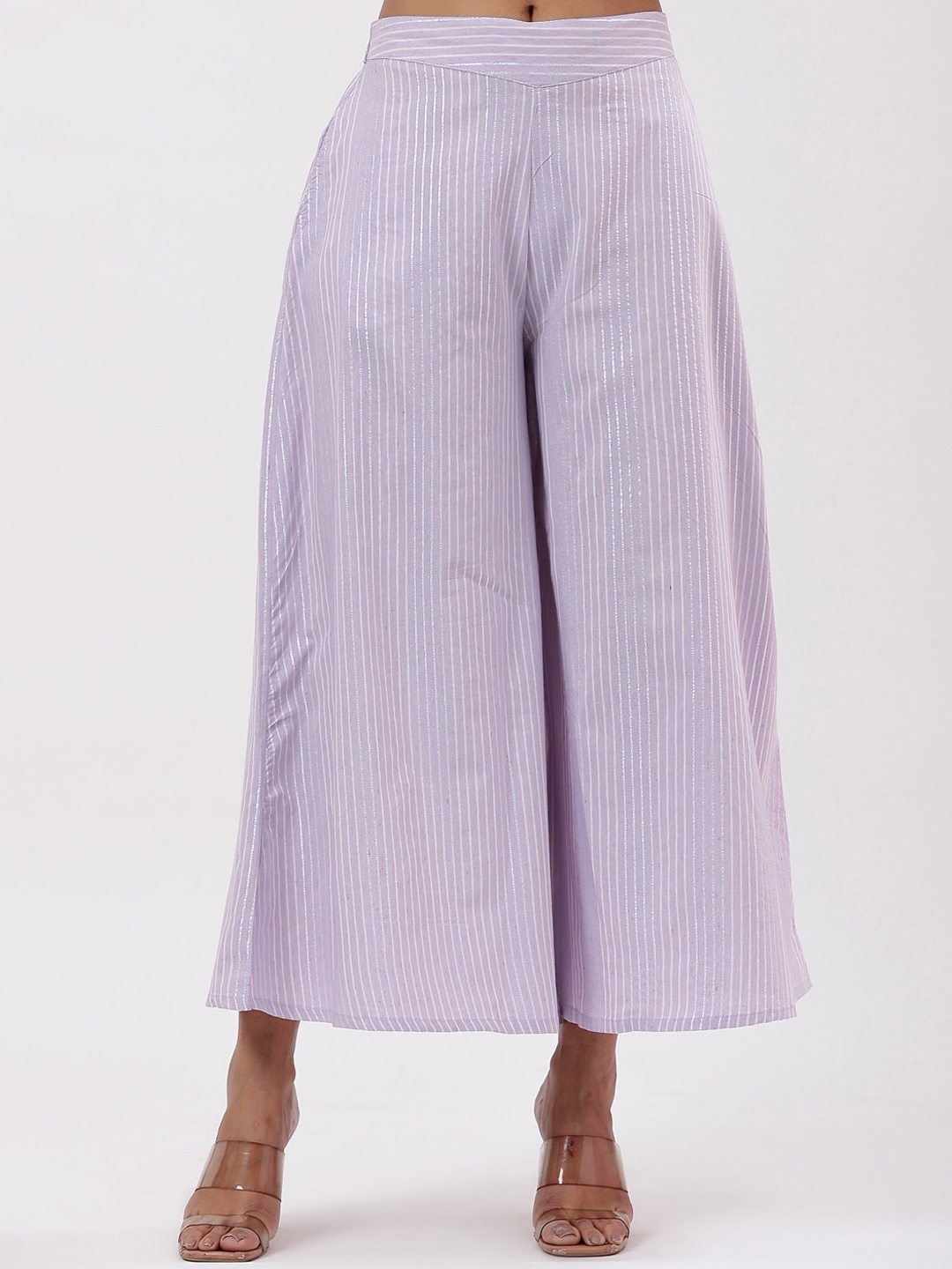 

Fabriko Women Striped Comfort Flared High-Rise Cotton Culottes Trousers, Lavender