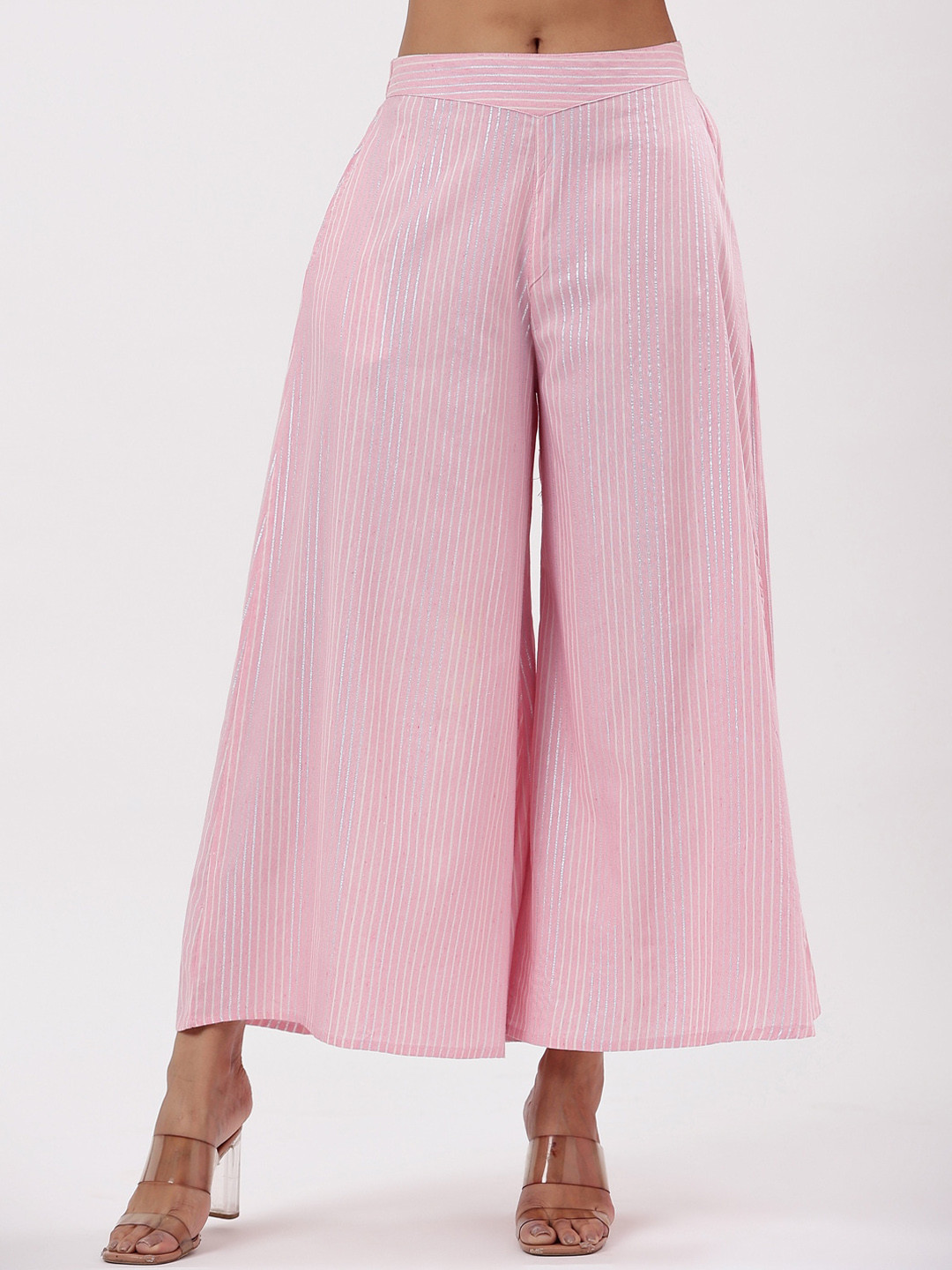 

Fabriko Women Striped Comfort Flared High-Rise Cotton Culottes Trousers, Pink