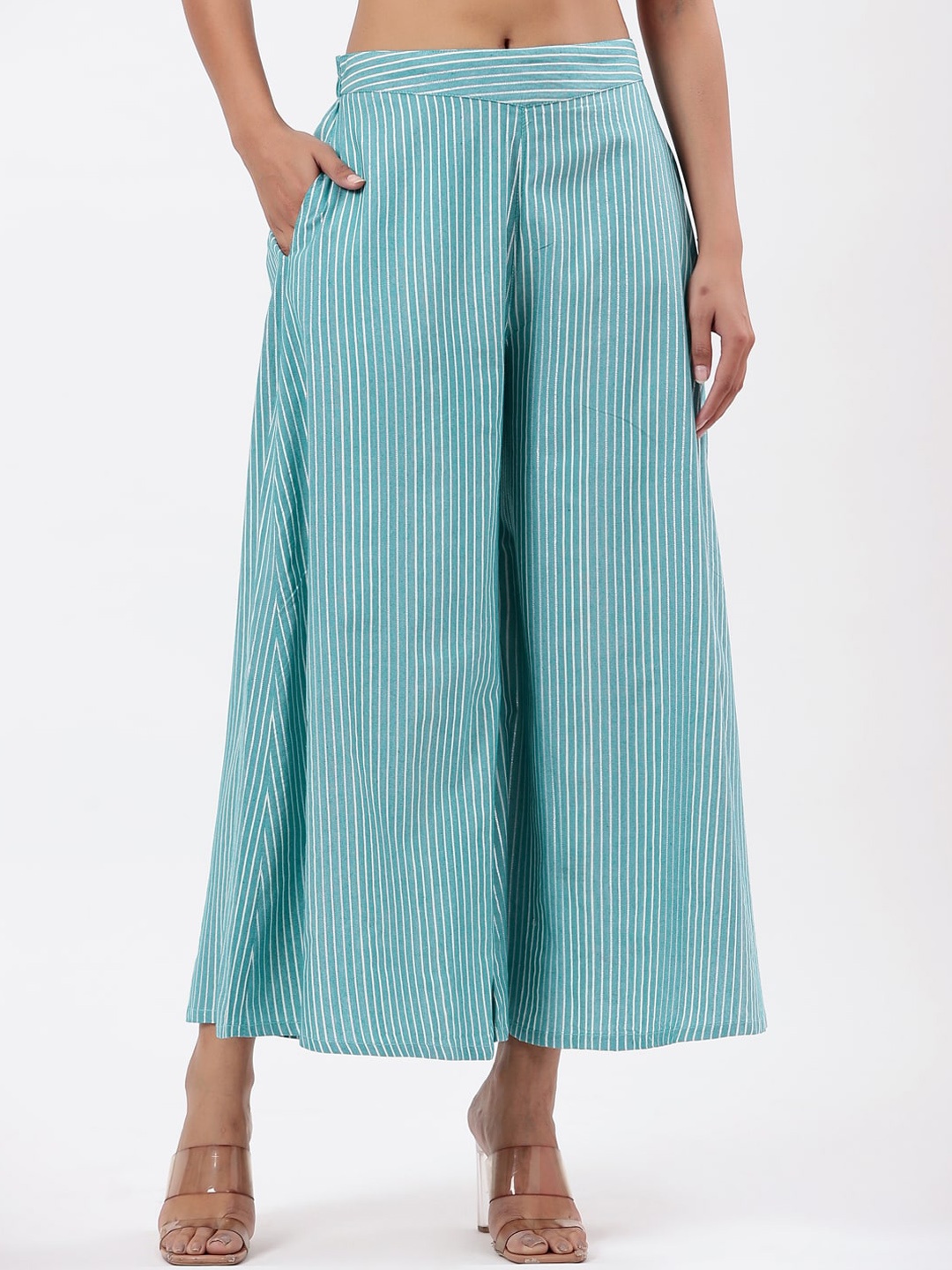

Fabriko Women Striped Comfort Flared High-Rise Pleated Cotton Culottes Trousers, Blue