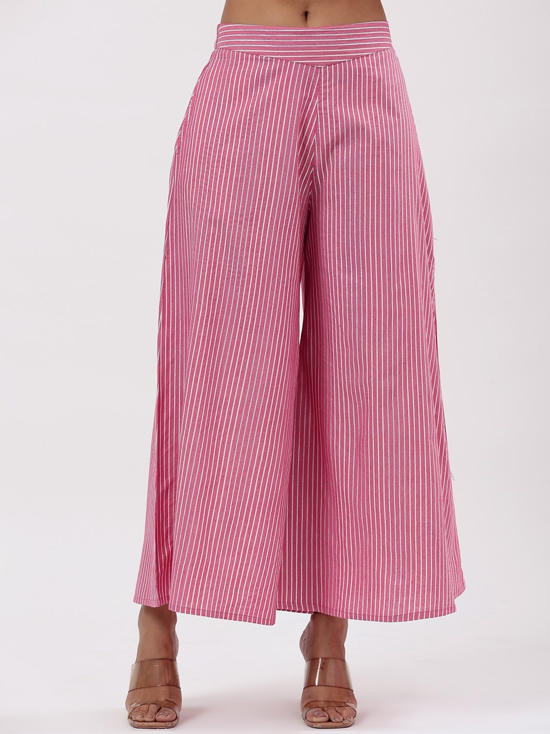

Fabriko Women Striped Comfort Flared High-Rise Pleated Culottes Trouser, Pink