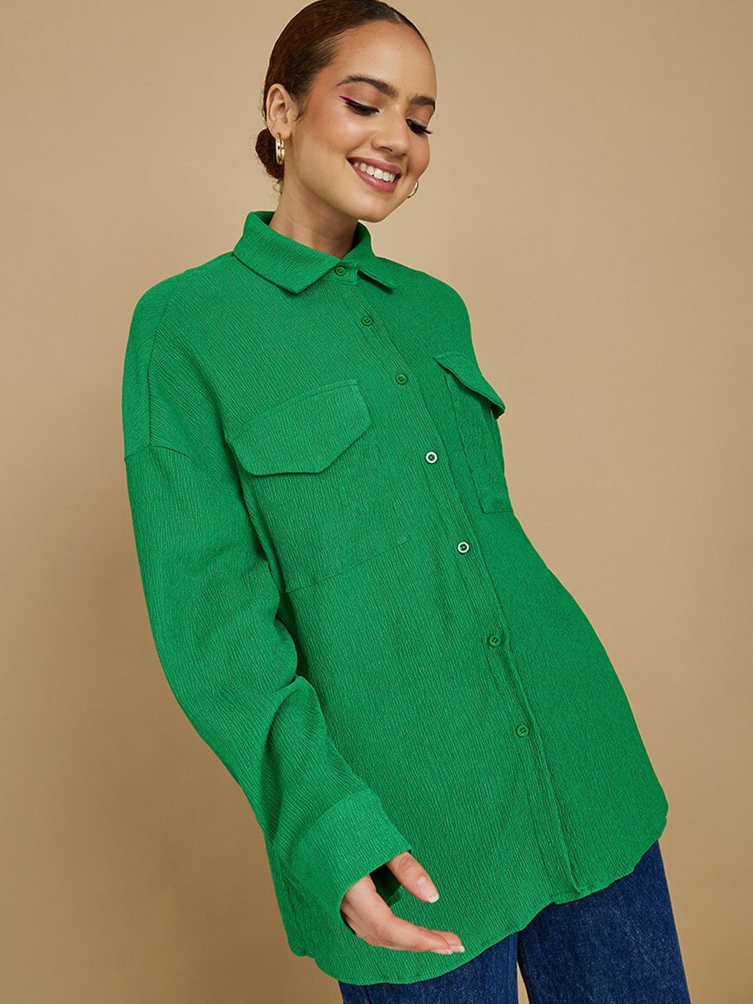 

Styli Women Double Pocket Detail Textured Oversized Fit Shirt, Green