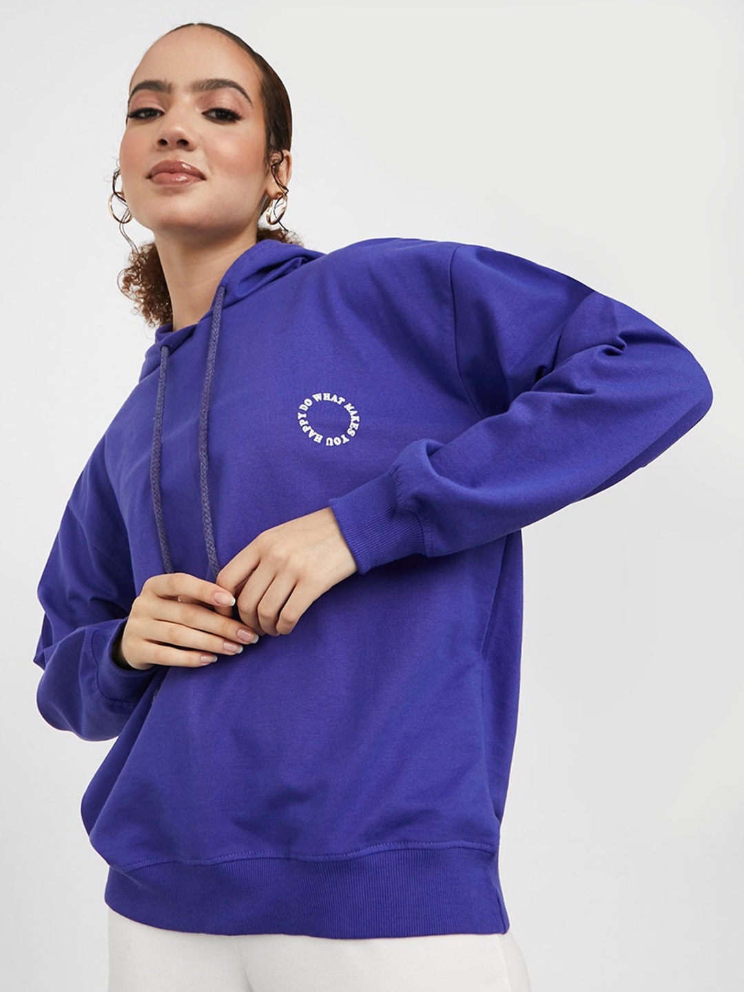 

Styli Women Purple Cotton Drop-Shoulder Hooded Sweatshirt