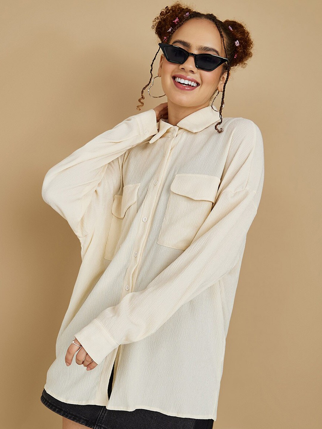 

Styli Women Box Pockets Oversized Fit Casual Shirt, Cream
