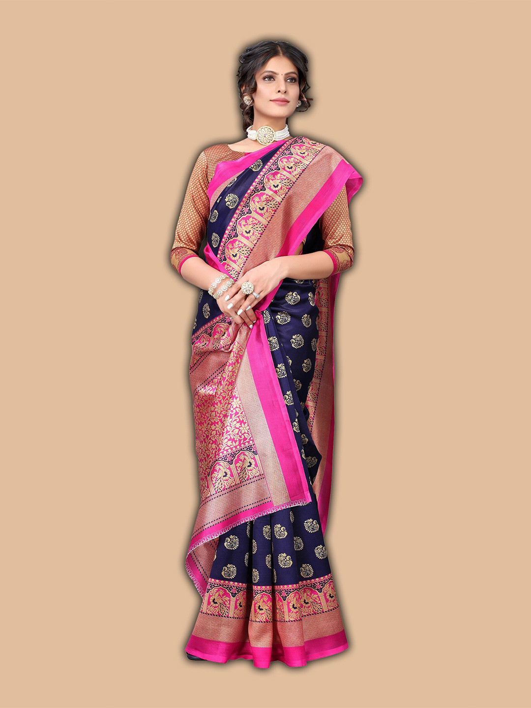 

KALINI Kalamkari Art Silk Saree, Navy blue