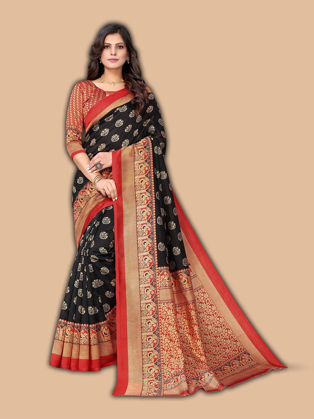 

KALINI Kalamkari Art Silk Saree, Black