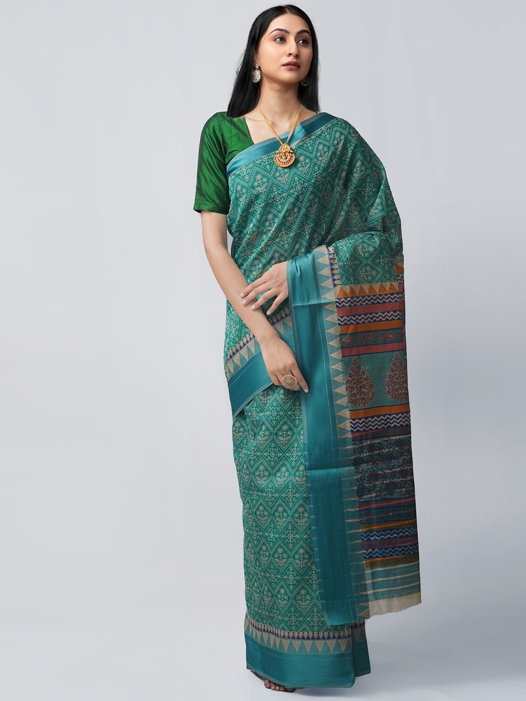 

Unnati Silks Ethnic Motifs Printed Silk Cotton Chanderi Saree, Green