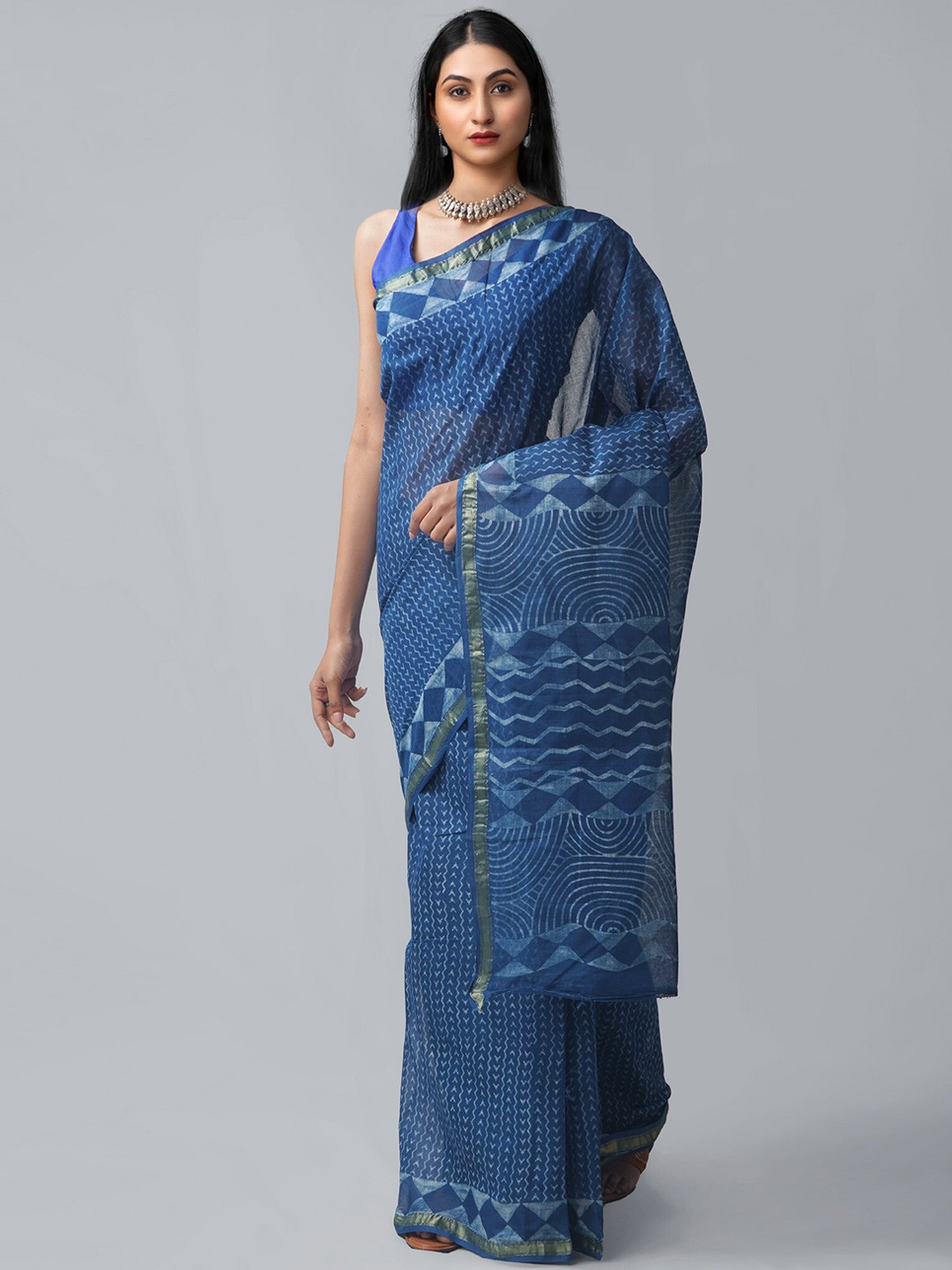 

Unnati Silks Dabu Print Pure Cotton Zari Saree, Blue