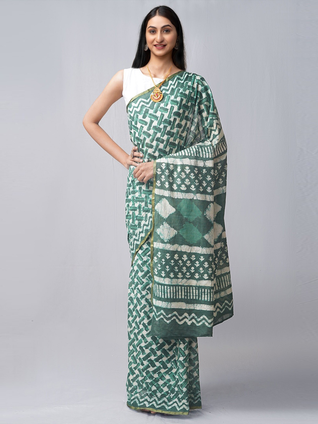 

Unnati Silks Ethnic Motifs Block Print Pure Cotton Zari Saree, Cream
