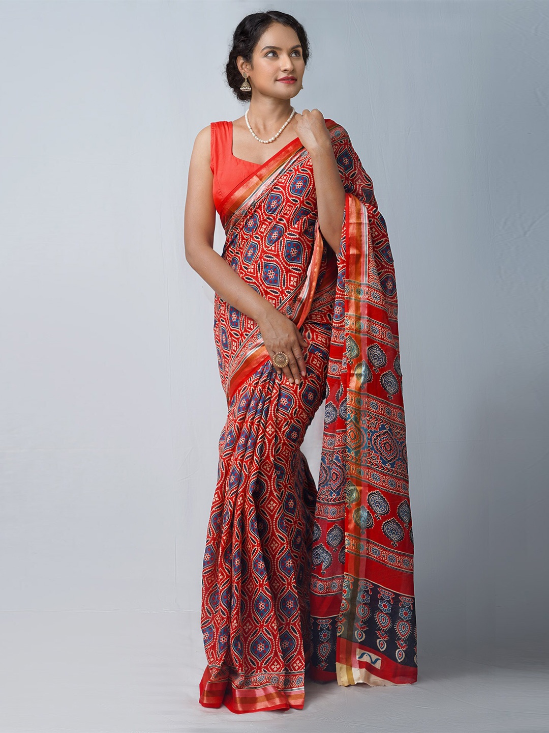 

Unnati Silks Ajrakh Printed Pure Cotton Bhagalpuri Zari Saree, Red