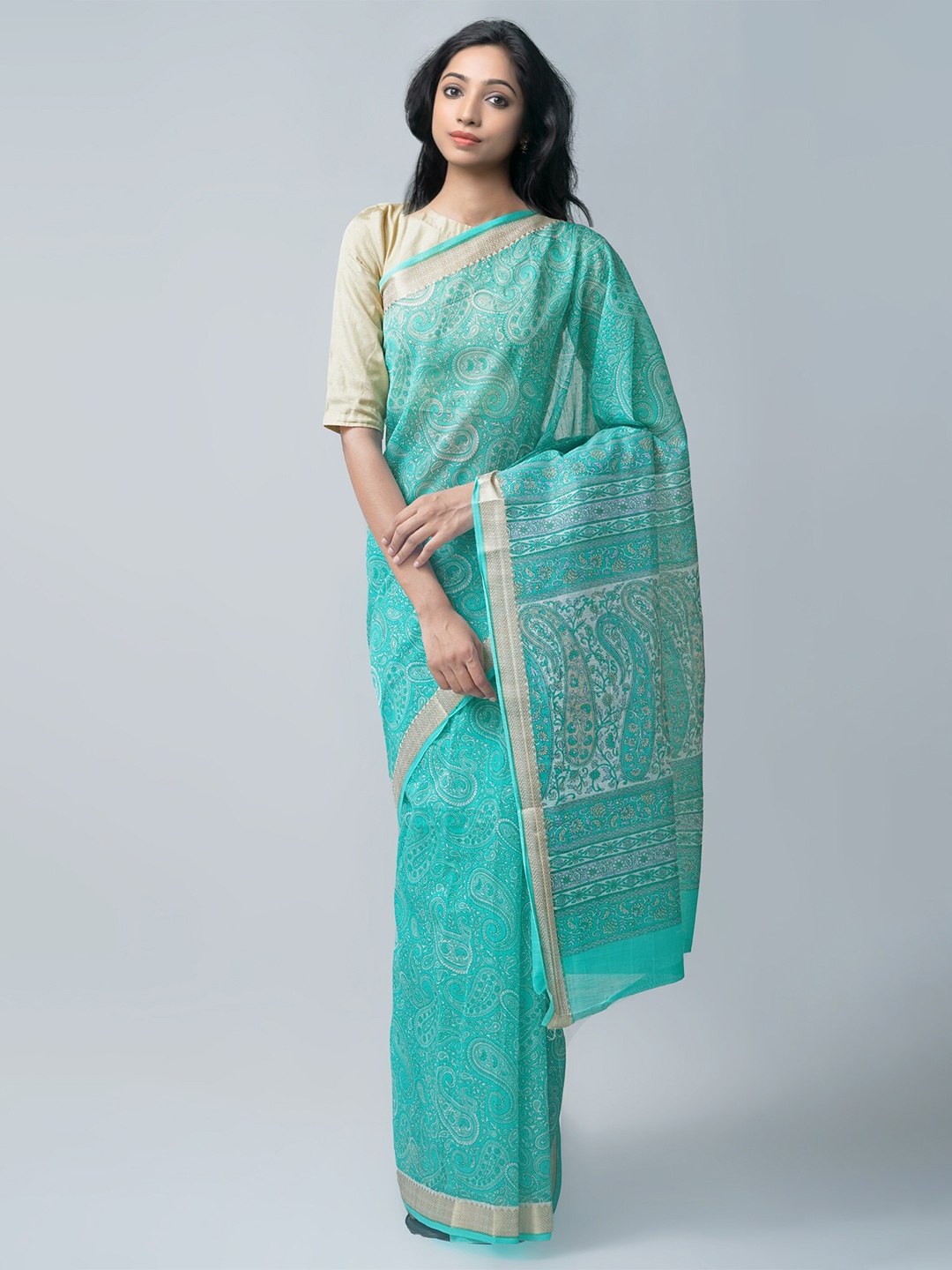 

Unnati Silks Ethnic Motifs Printed Silk Cotton Chanderi Zari Saree, Green