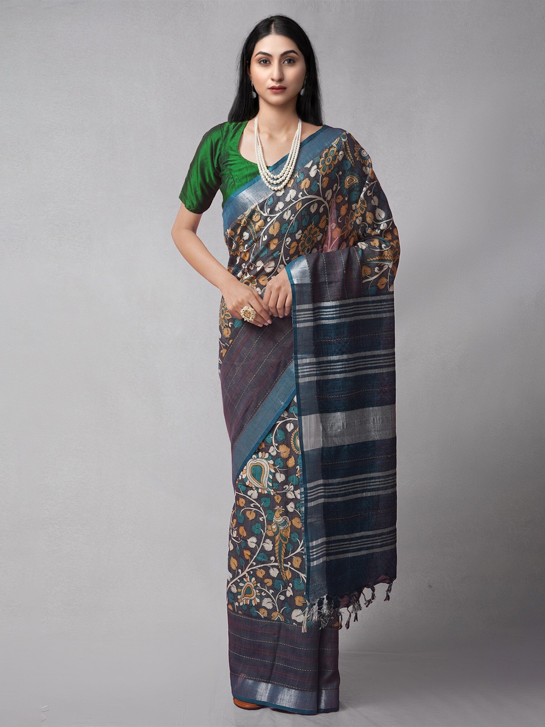 

Unnati Silks Kalamkari Printed Woven Design Pure Cotton Jamdani Saree, Blue