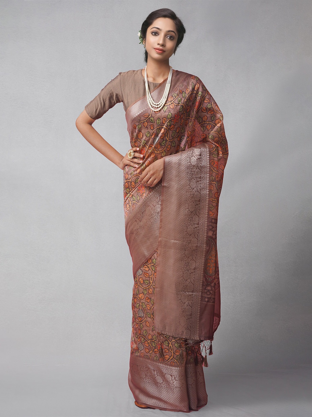 

Unnati Silks Floral Printed Silk Cotton Maheshwari Zari Saree, Brown