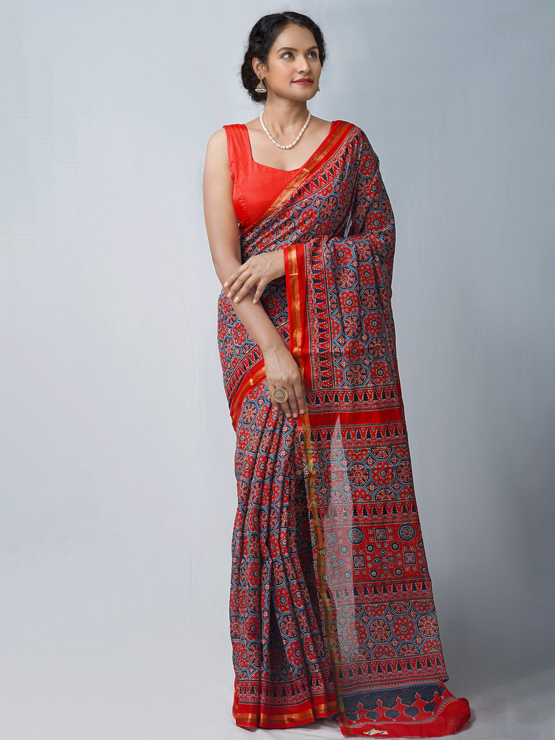 

Unnati Silks Ajrakh Printed Pure Cotton Bhagalpuri Zari Saree, Red