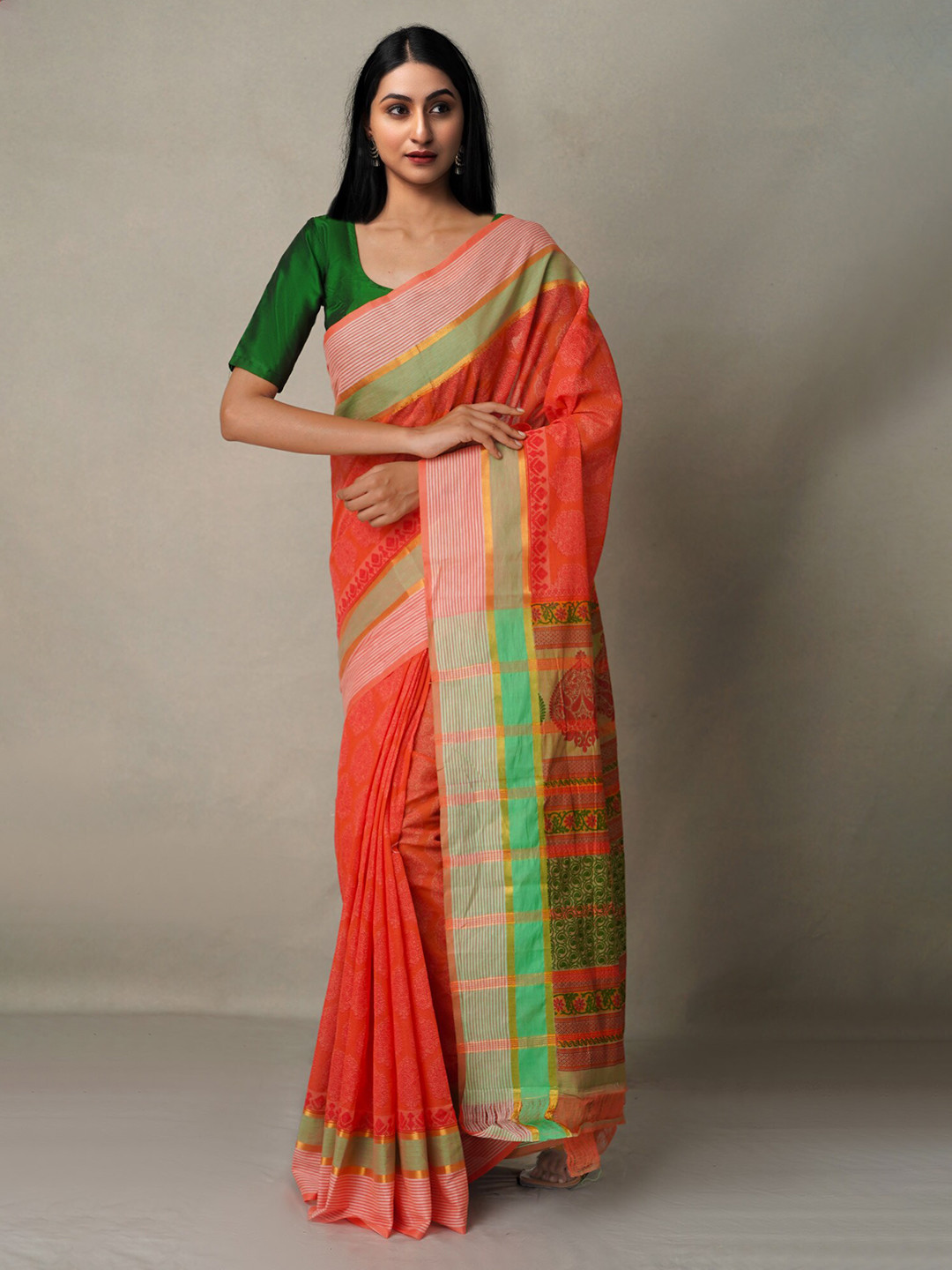 

Unnati Silks Ethnic Motifs Print Silk Cotton Chanderi Zari Saree, Red