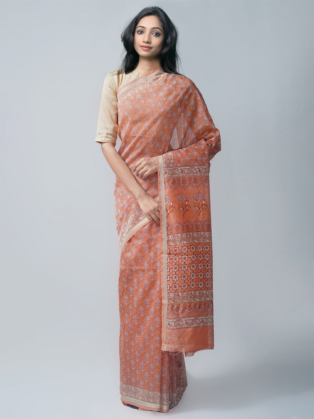 

Unnati Silks Ethnic Motifs Silk Cotton Chanderi Zari Saree, Orange
