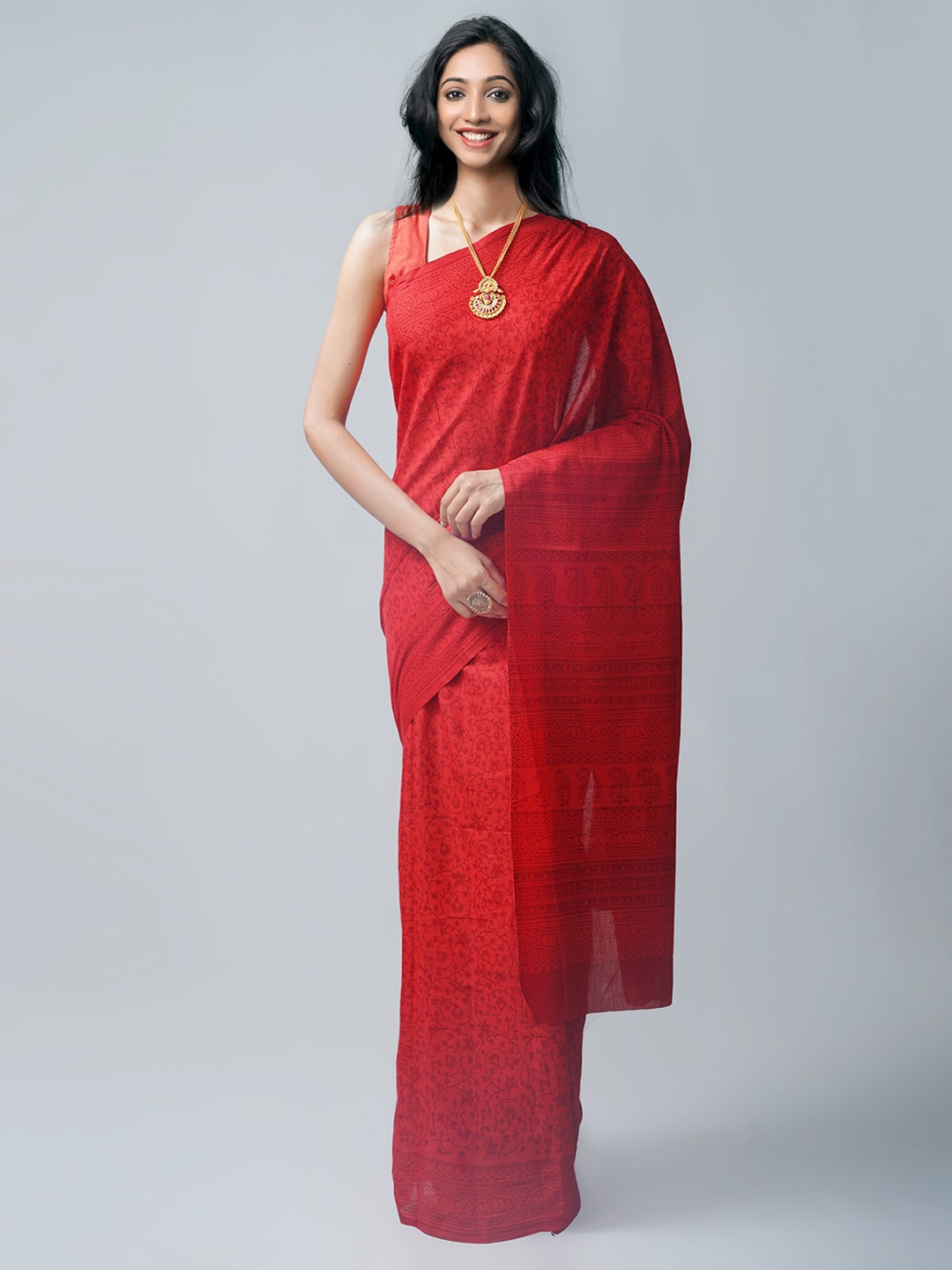 

Unnati Silks Ethnic Motifs Block Print Pure Cotton Saree, Red