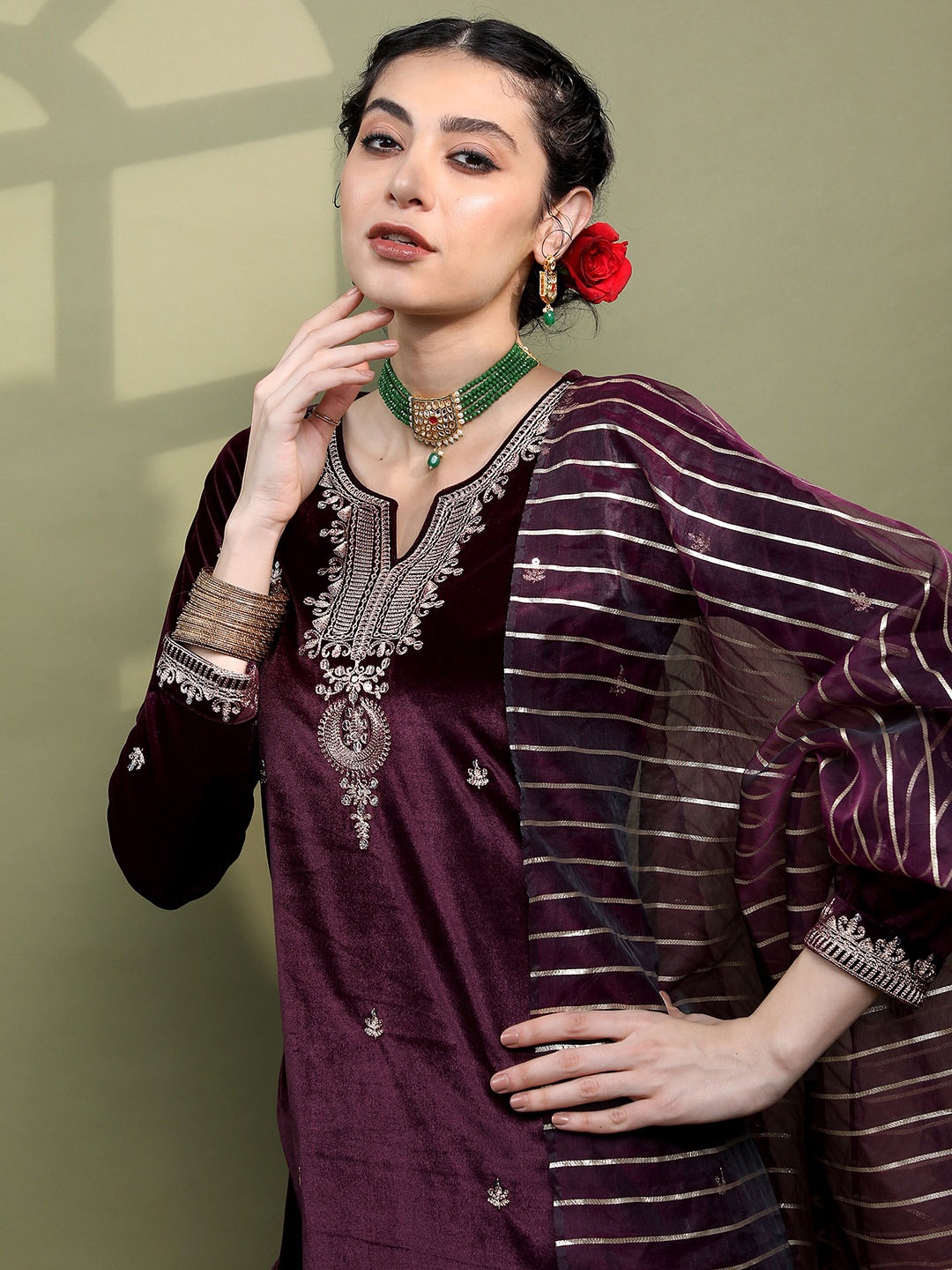

Vishudh Women Embroidered Knitted Velvet Kurta with Trousers & With Dupatta, Purple