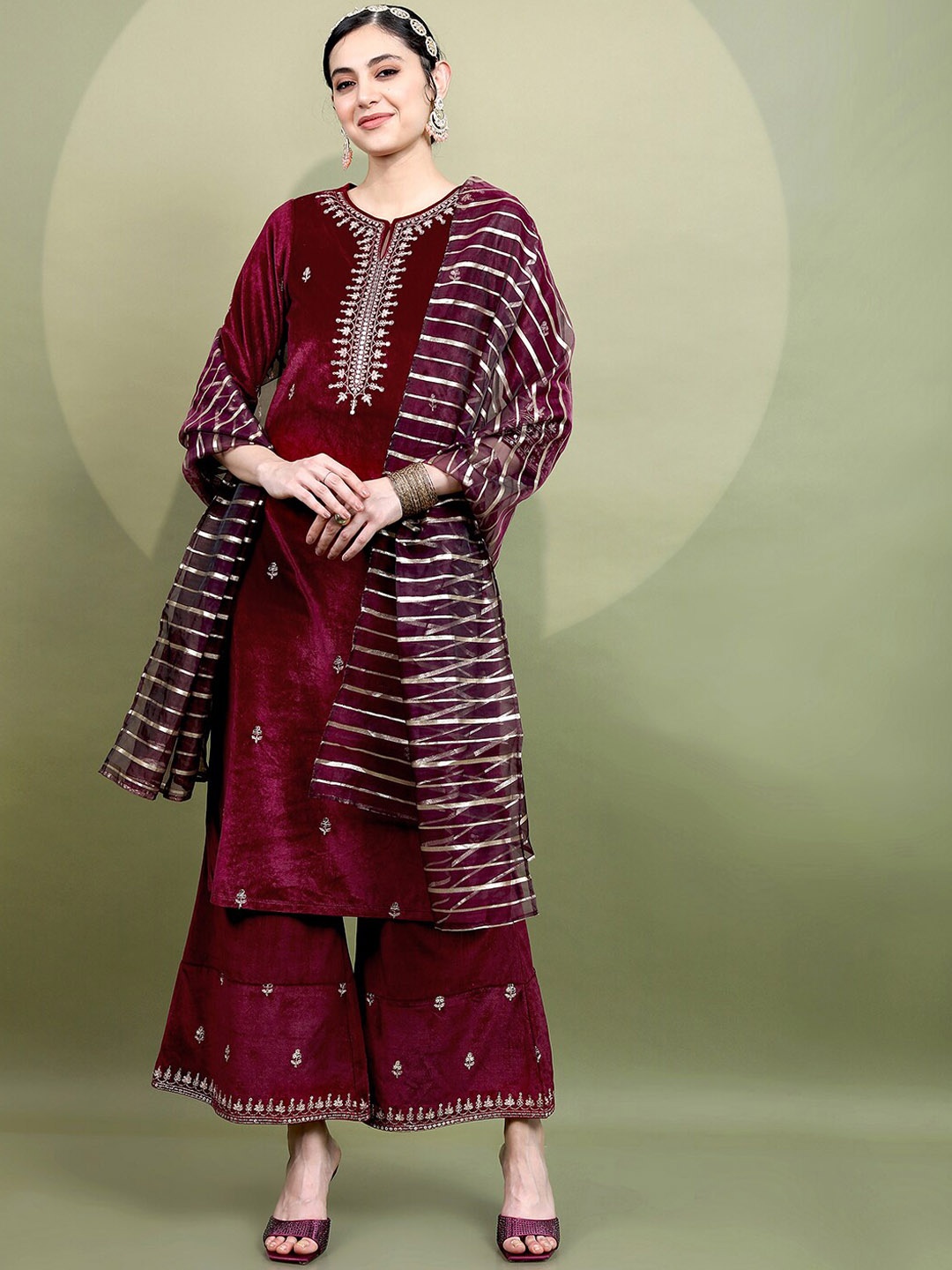 

Vishudh Women Embroidered Knitted Velvet Kurta with Palazzos & With Dupatta, Magenta