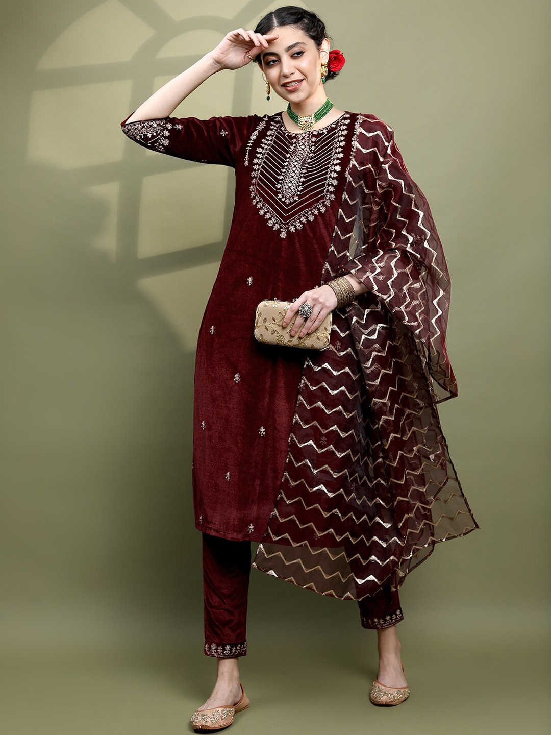 

Vishudh Women Floral Embroidered Knitted Velvet Kurta with Trousers & With Dupatta, Maroon