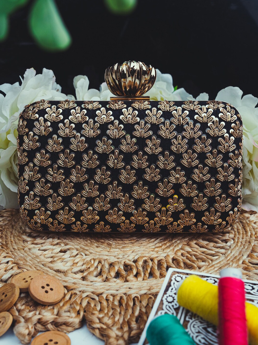 

NR By Nidhi Rathi Black & Gold-Toned Embroidered Box Clutch