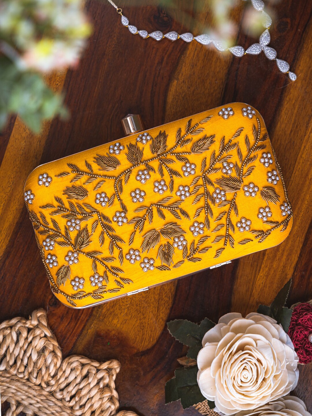 

NR By Nidhi Rathi Yellow & White Embroidered Box Clutch