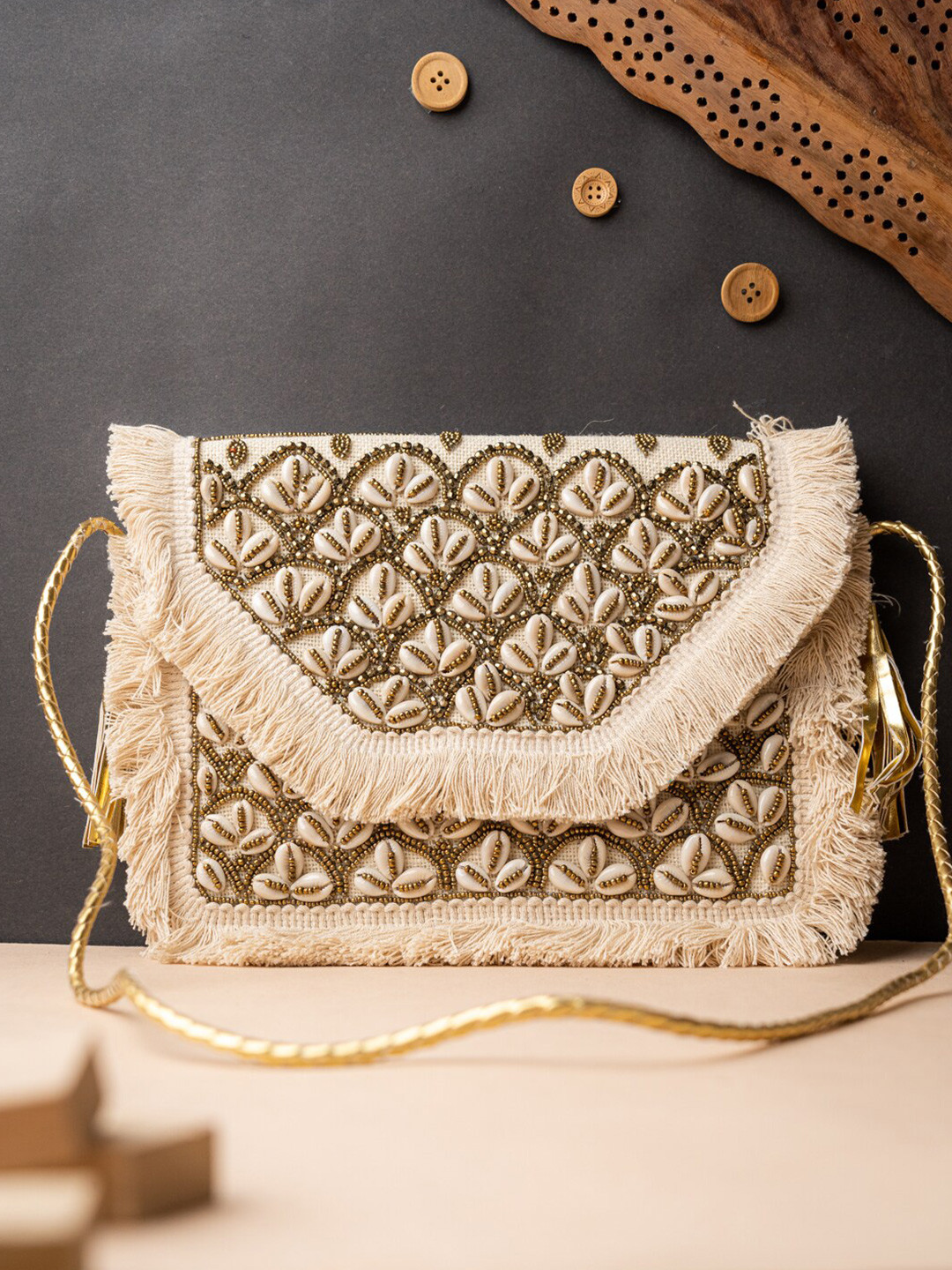 

NR By Nidhi Rathi Beige & Gold-Toned Embroidered Foldover Clutch