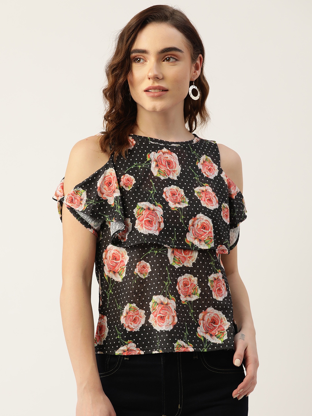 

ZIZO By Namrata Bajaj Black Floral Print Layered Tiered Top