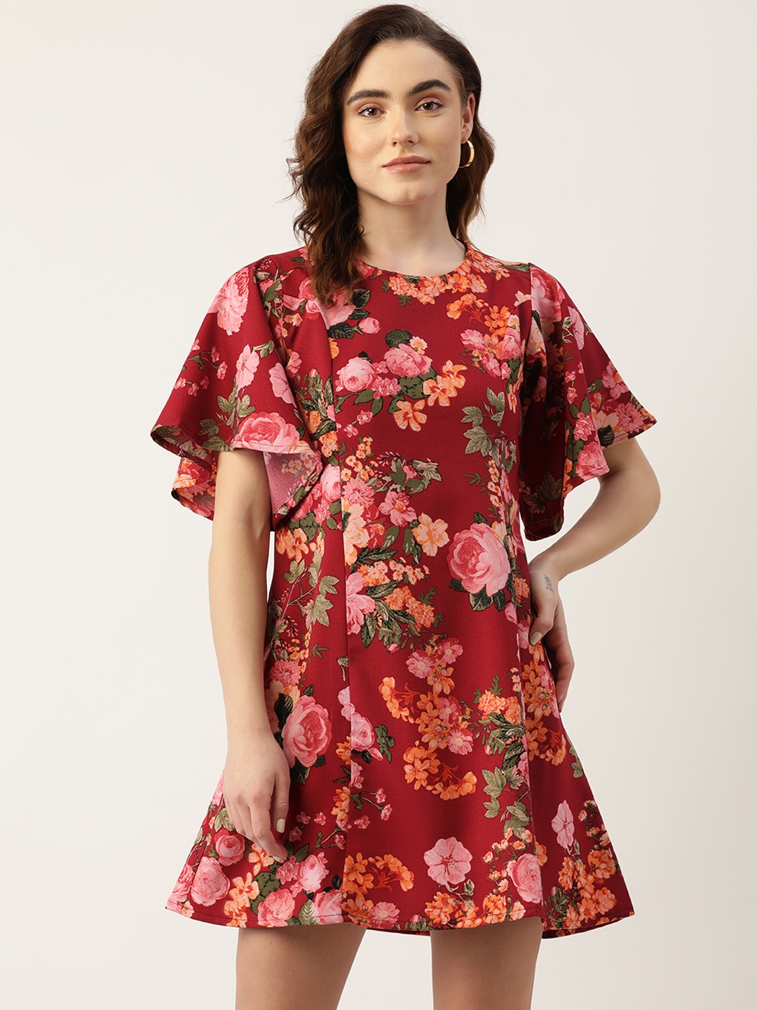 

ZIZO By Namrata Bajaj Floral Print Flared Sleeves Crepe A-Line Mini Dress, Maroon