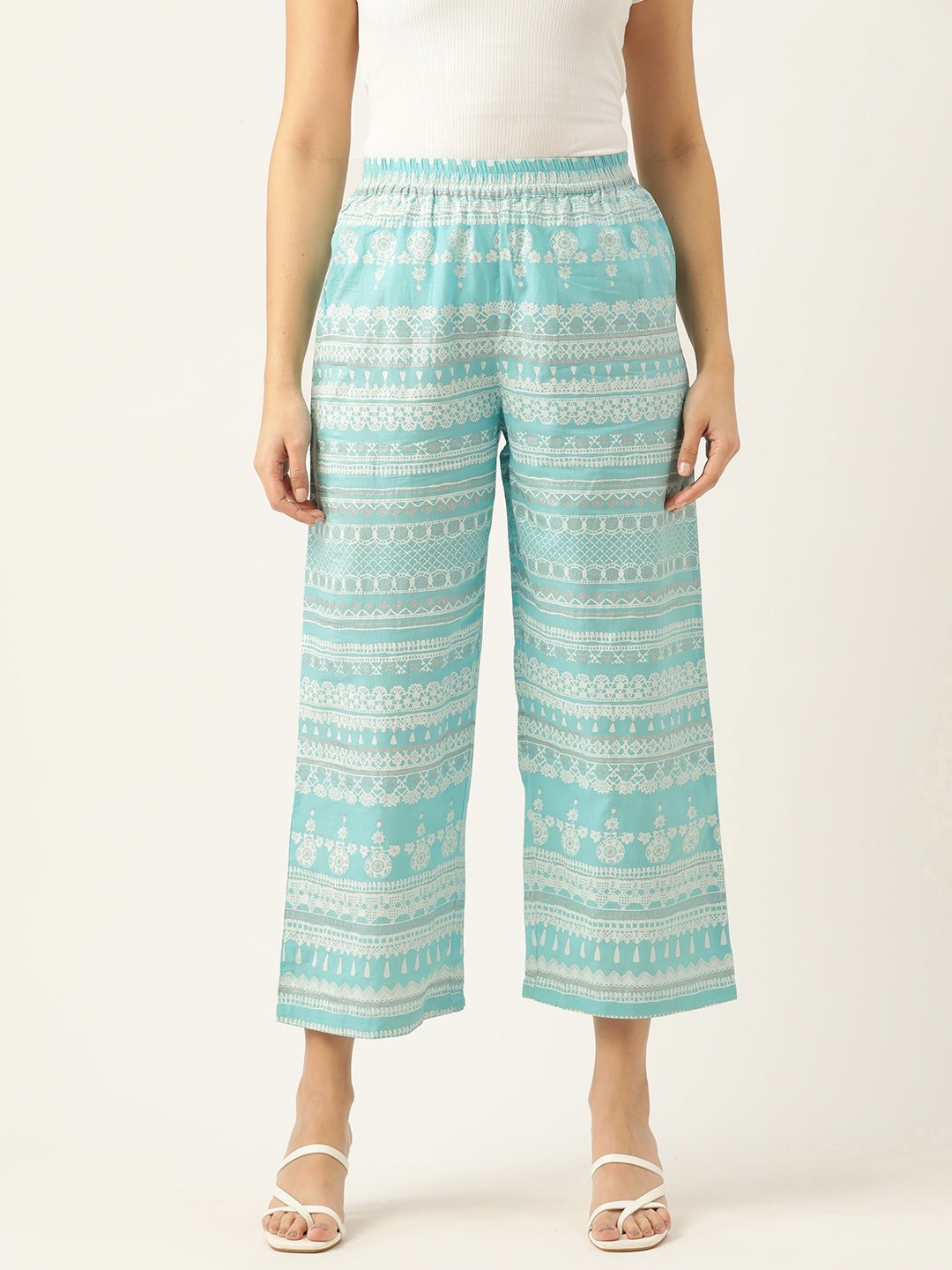 

ZIZO By Namrata Bajaj Women Ethnic Motifs Printed Comfort Loose Fit Parallel Trousers, Turquoise blue