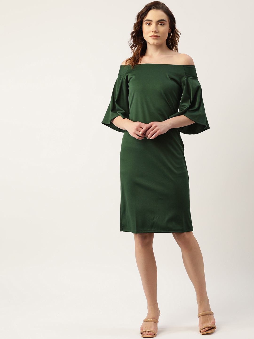 

ZIZO By Namrata Bajaj Off-Shoulder Bell Sleeves Crepe A-Line Dress, Green