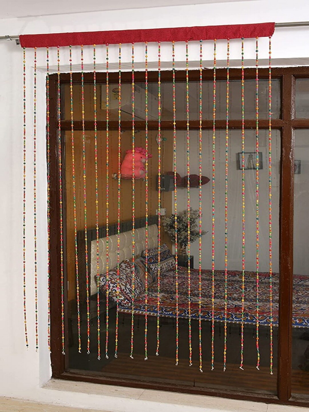 

Homefab India Beige & Pink Wooden Beads String Long Door Curtain 9 feet