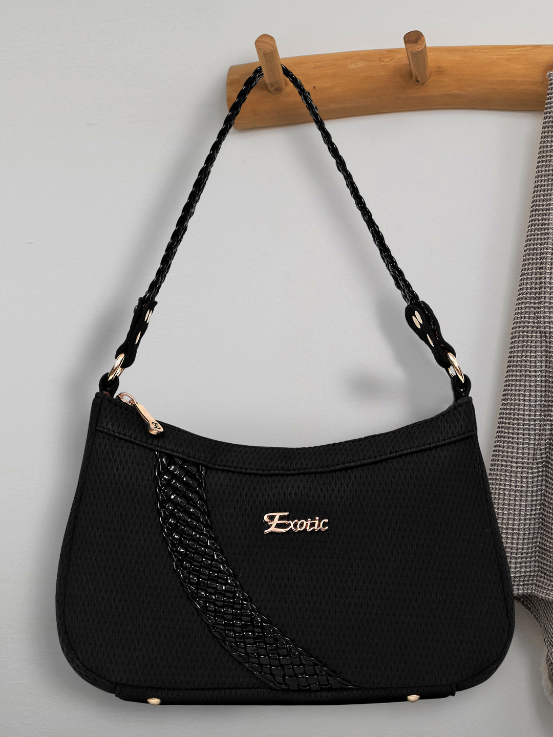 

Exotic Black Textured PU Structured Hobo Bag