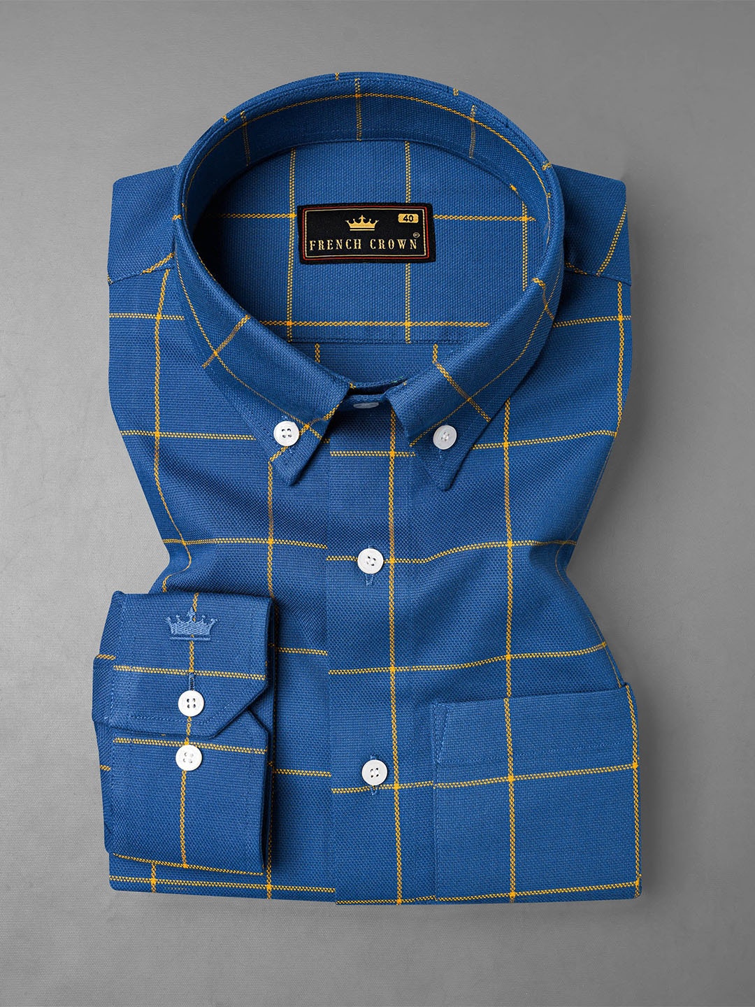 

FRENCH CROWN Men Cotton Standard Windowpane Checks Checked Casual Shirt, Blue