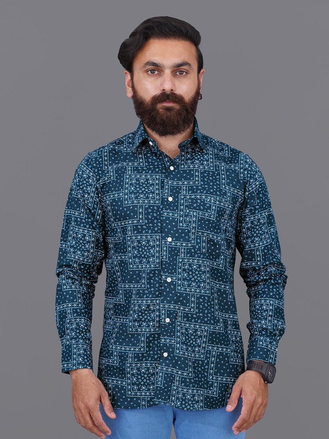 

FRENCH CROWN Men Standard Printed Cotton Casual Shirt, Blue