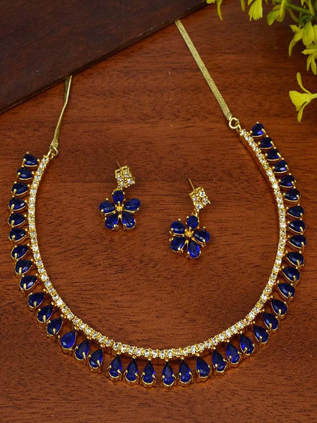 

Jewar Mandi Women Gold-Plated CZ-Studded Jewellery Set, Blue