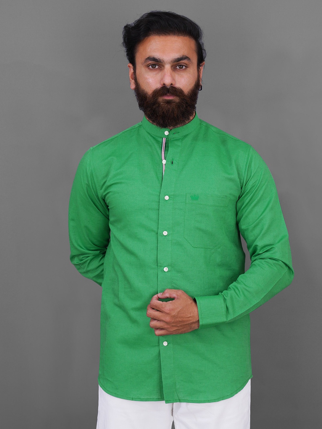 

FRENCH CROWN Men Standard Mandarin Collar Casual Shirt, Green