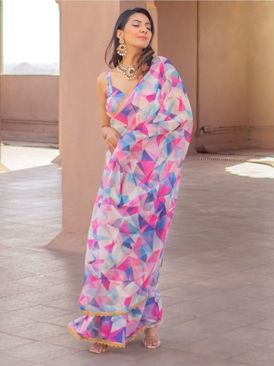 

Lavanya The Label Geometric Print Saree, Cream