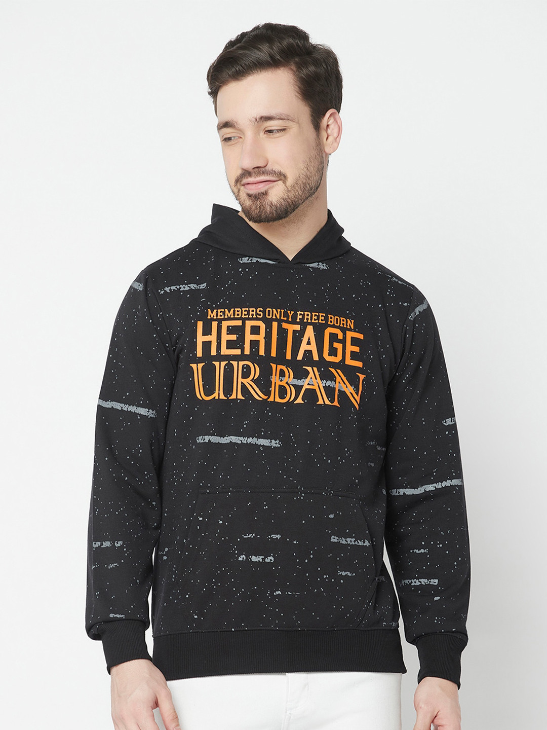 

ELEGANCE Men Black Cotton Printed Hooded Sweatshirt