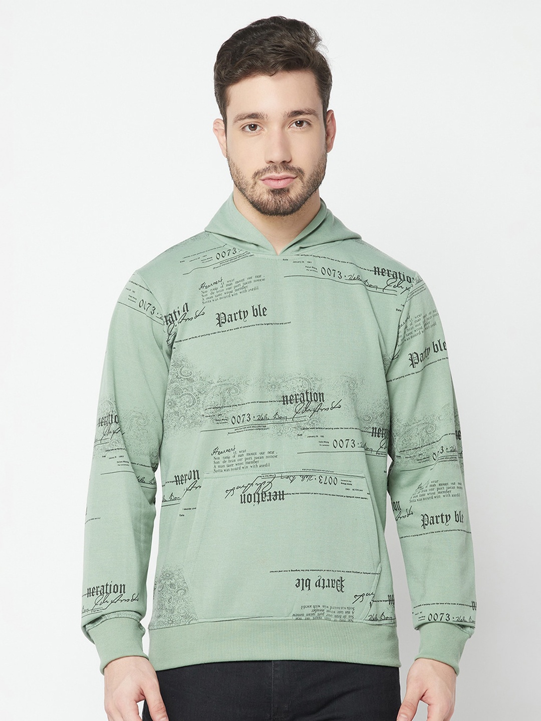 

ELEGANCE Men Green Cotton Printed Hooded Sweatshirt