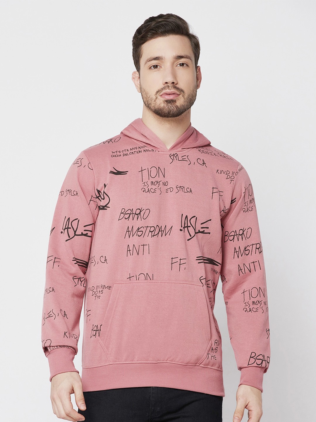 

ELEGANCE Men Pink Cotton Printed Hooded Sweatshirt