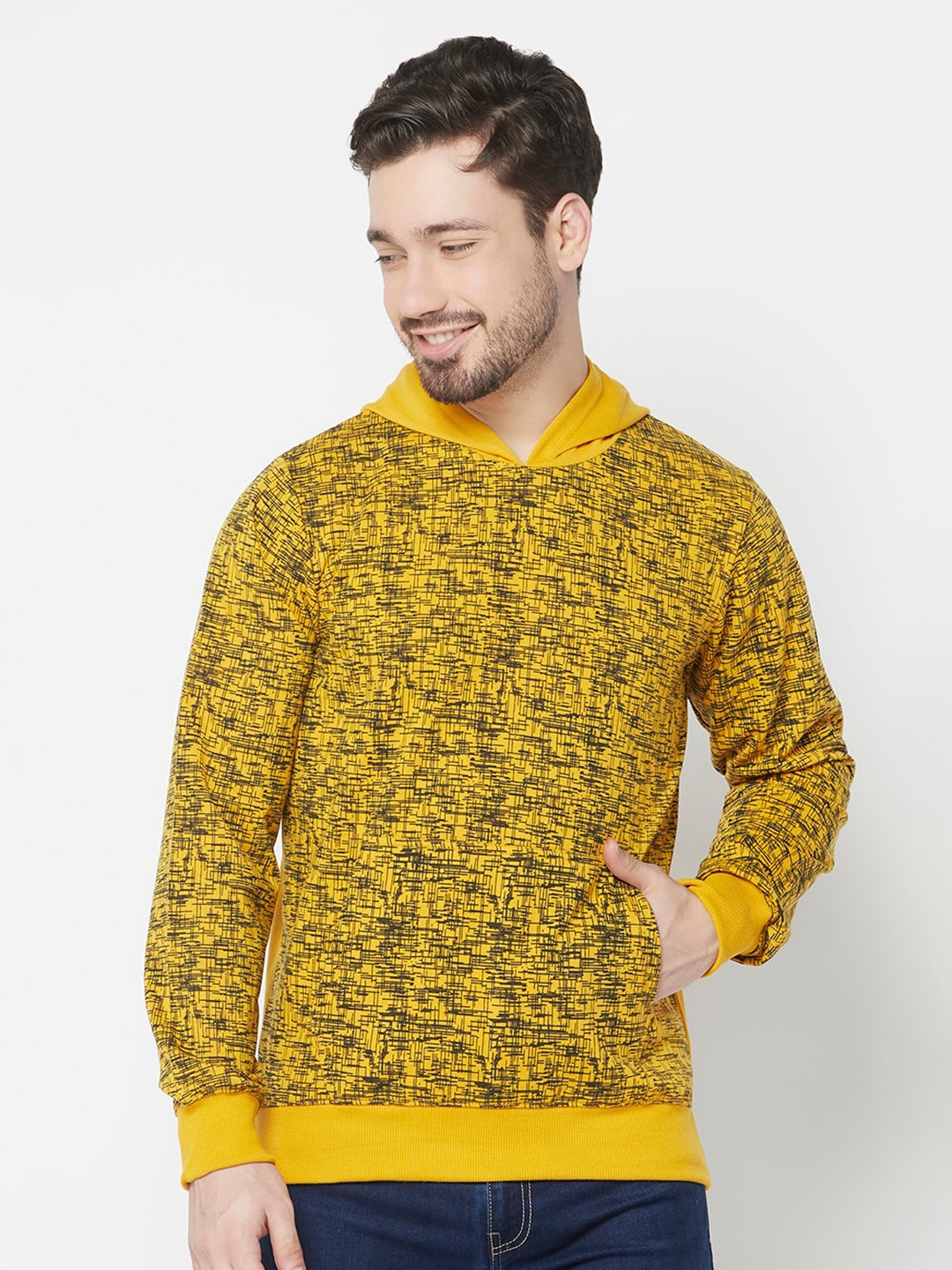 

ELEGANCE Men Yellow Cotton Printed Hooded Sweatshirt