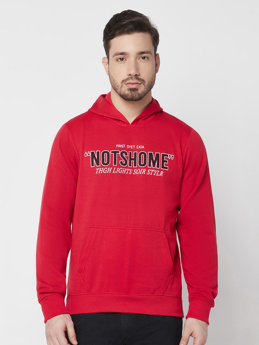 

ELEGANCE Men Red Cotton Printed Hooded Sweatshirt